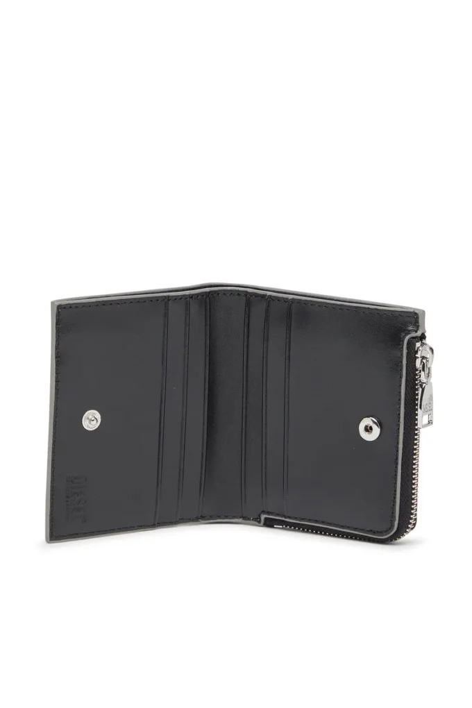 1DR bi fold zip l Porte-cartes à deux volets en cuir miroir
