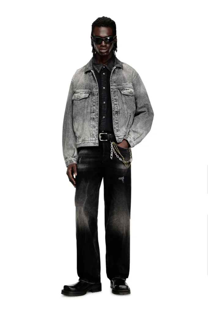 d-denver-s Veste trucker en denim avec bordures en cuir ton sur ton