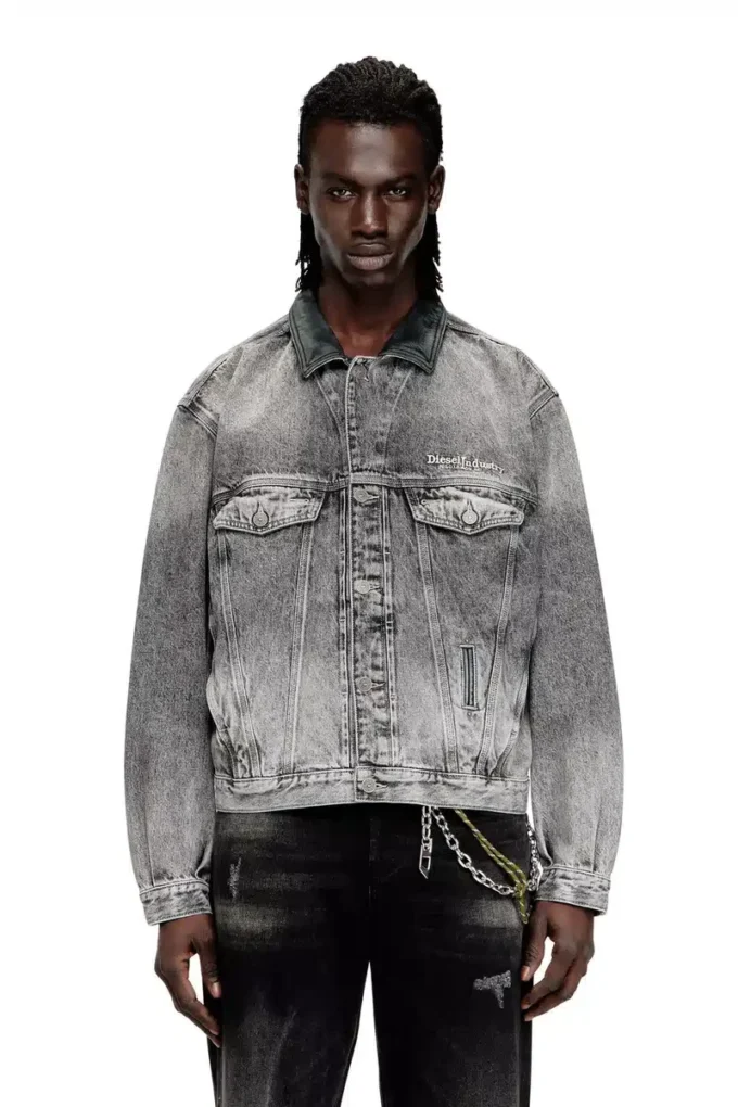 d-denver-s Veste trucker en denim avec bordures en cuir ton sur ton