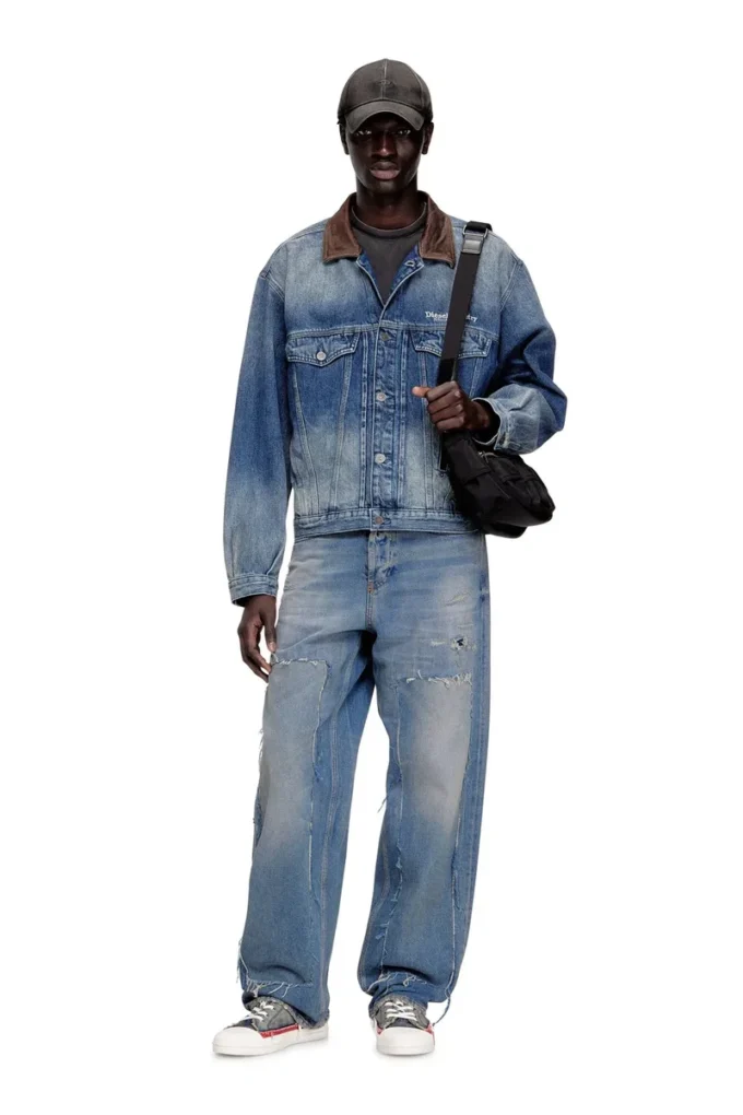 d-denver-s1 Veste trucker en denim avec bordures en cuir contrastées