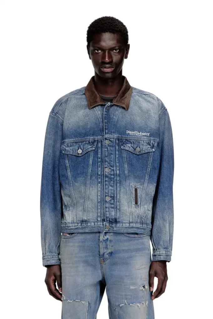 d-denver-s1 Veste trucker en denim avec bordures en cuir contrastées