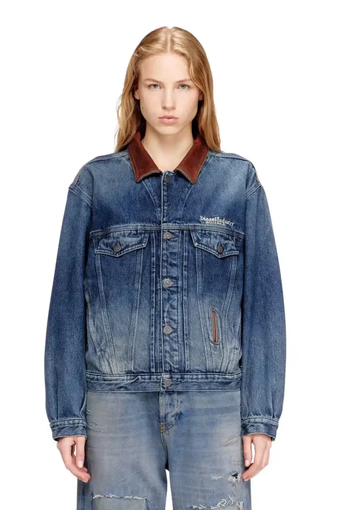 d-denver-s1 Veste trucker en denim avec bordures en cuir contrastées
