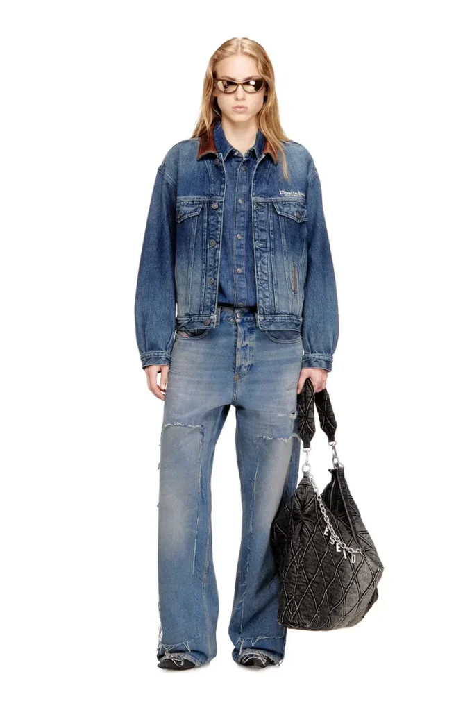 d-denver-s1 Veste trucker en denim avec bordures en cuir contrastées