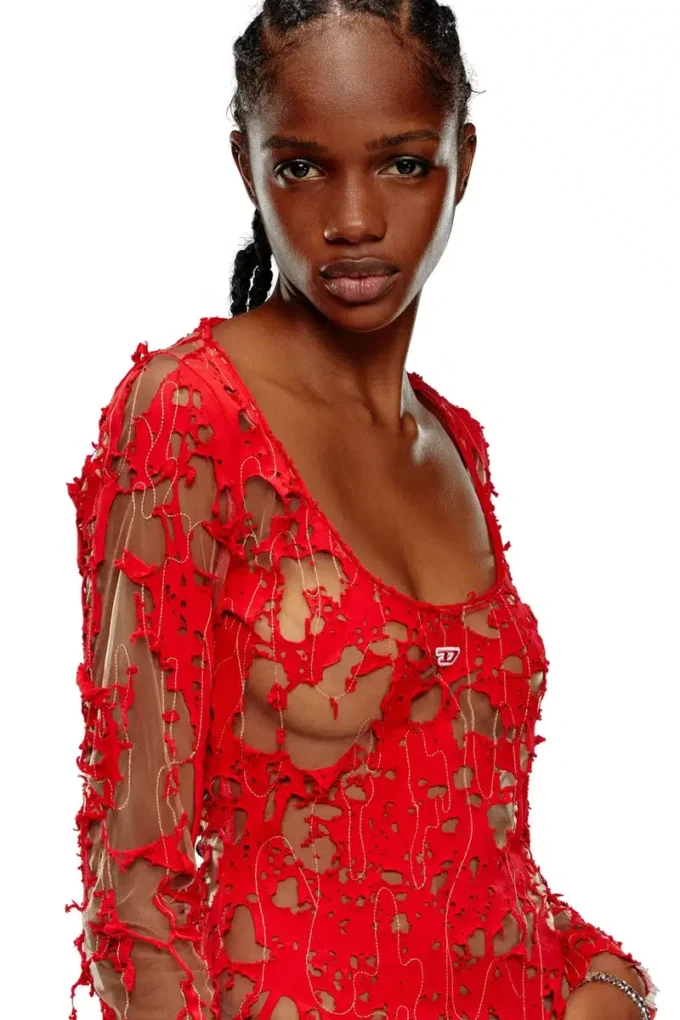 d-lea Robe longue en tulle et jersey dévoré
