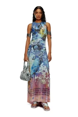 d-leele Robe longue en jersey déchiré avec imprimé poster