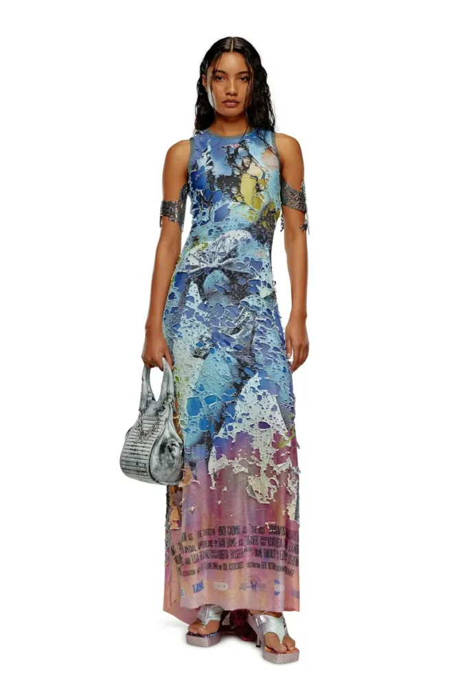 d-leele Robe longue en jersey déchiré avec imprimé poster