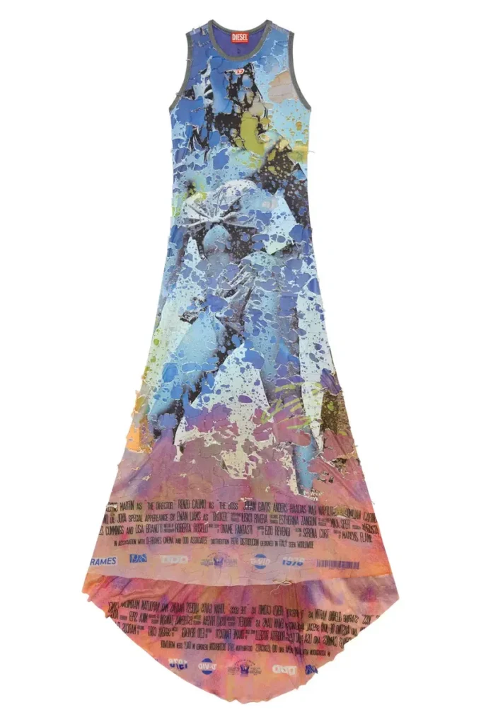 d-leele Robe longue en jersey déchiré avec imprimé poster