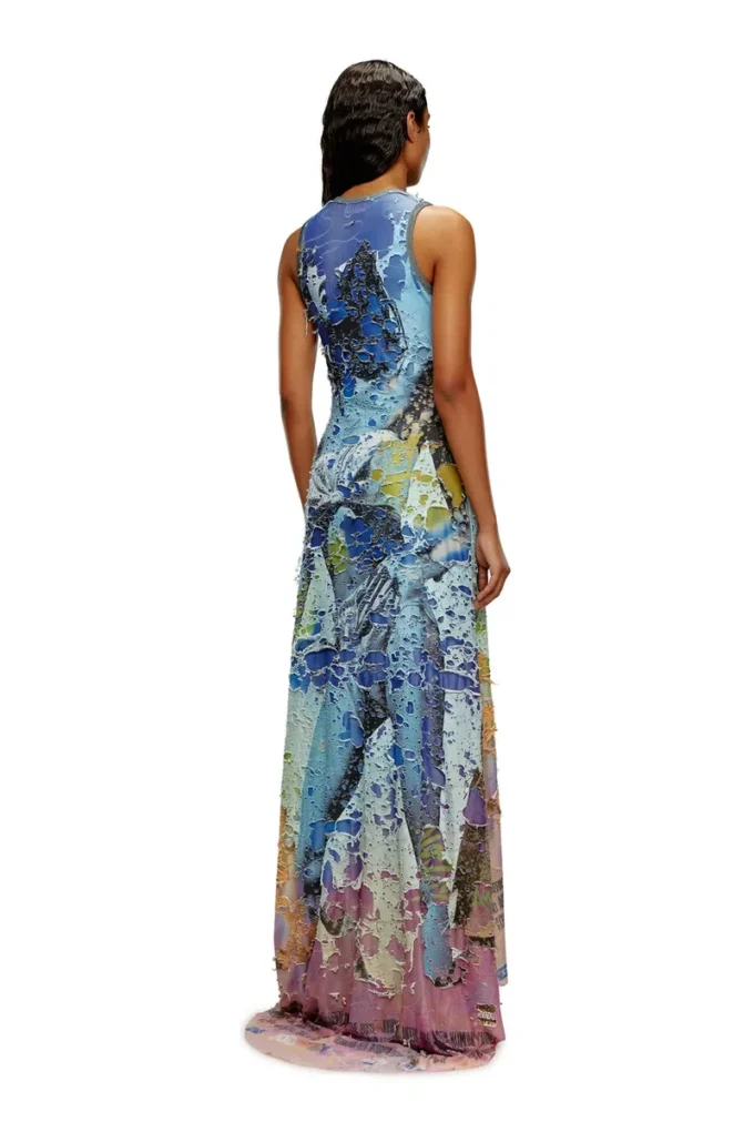 d-leele Robe longue en jersey déchiré avec imprimé poster