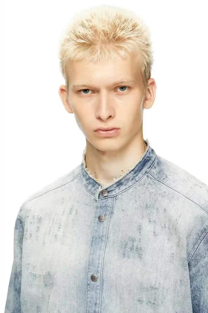 d-simp-fsh Chemise en denim nid d&rsquo;abeille vieilli