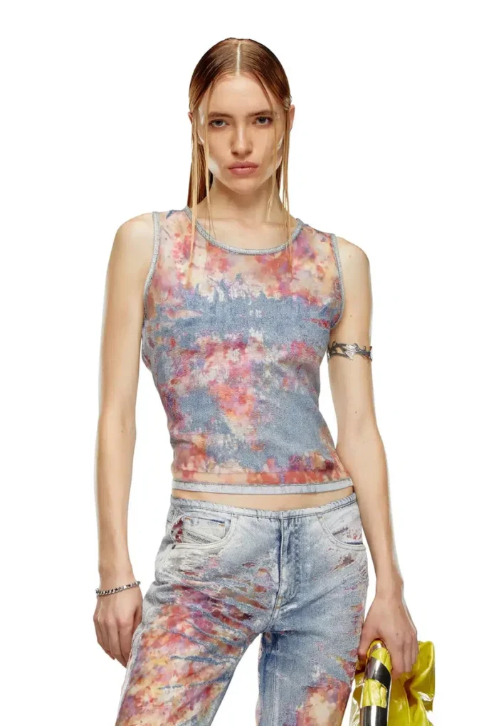 débardeur en denim dévoré à fleurs