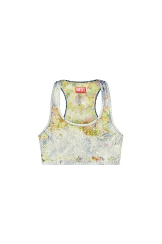 de-detop-fse Top court en denim dévoré à fleurs