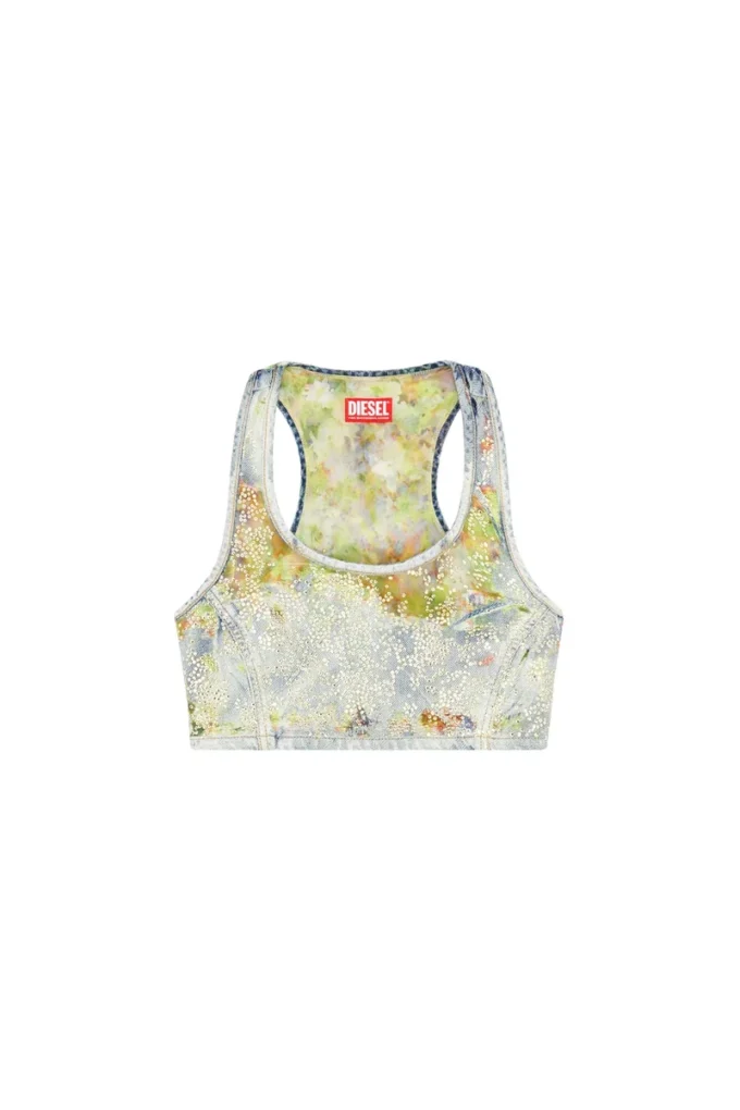 de-detop-fse Top court en denim dévoré à fleurs