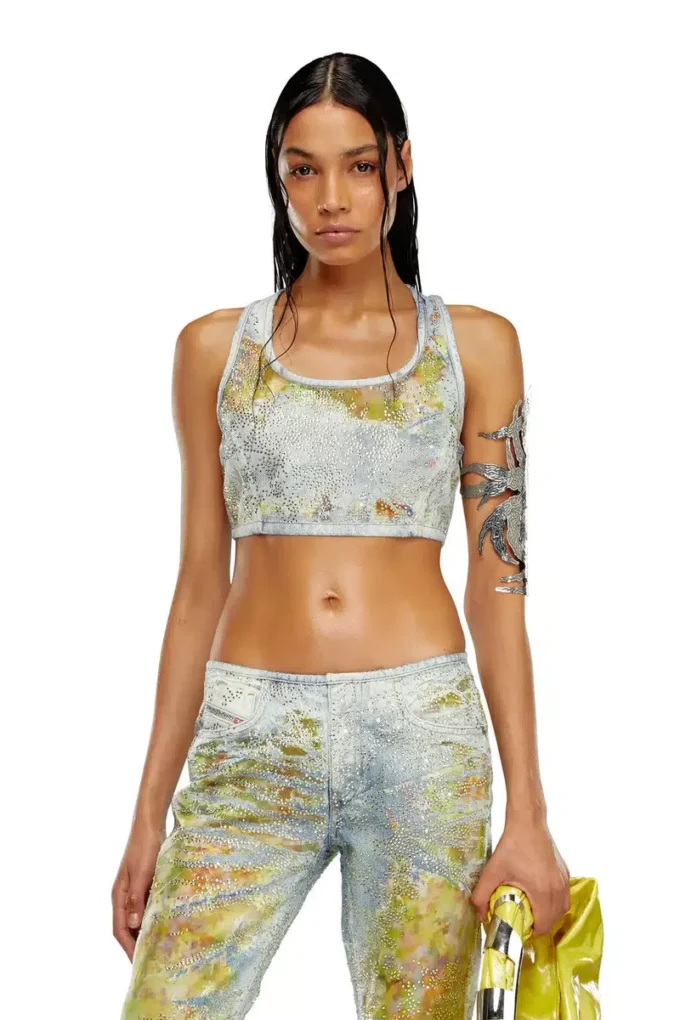 de-detop-fse Top court en denim dévoré à fleurs