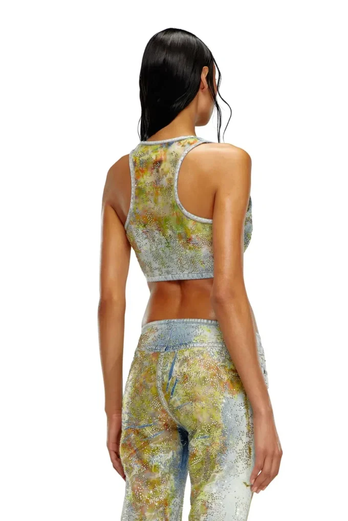 de-detop-fse Top court en denim dévoré à fleurs