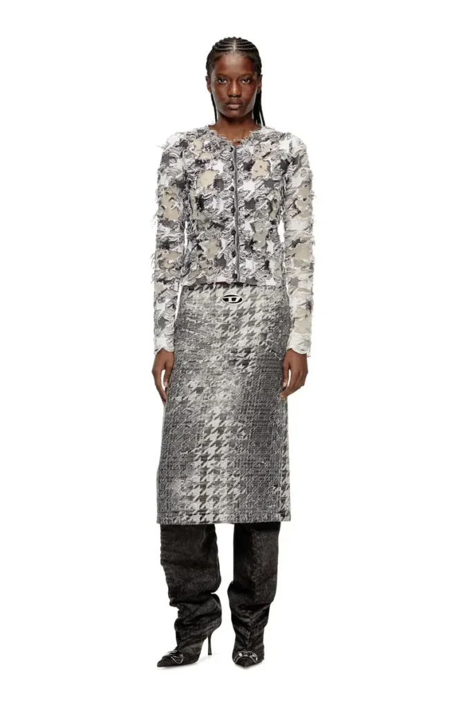 de- rathian-fsh Jupe midi en denim jacquard Prince de Galles