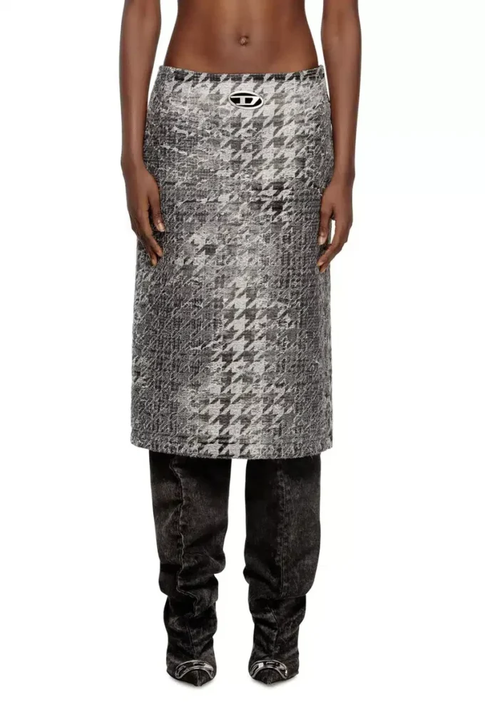 de- rathian-fsh Jupe midi en denim jacquard Prince de Galles