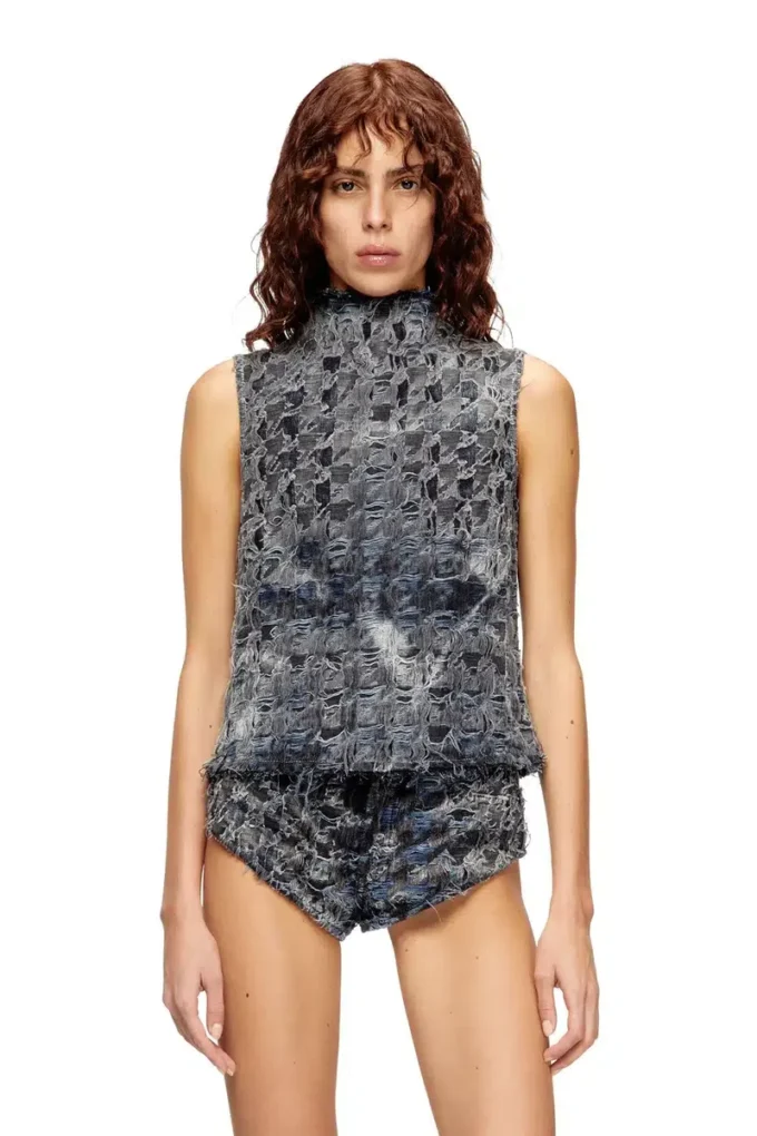 de-tapi-fsh1 Top sans manches en denim tie-dye à motif pied-de-poule