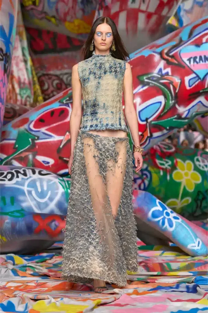 de-annina-fsh Jupe longue en denim pied-de-poule dévoré