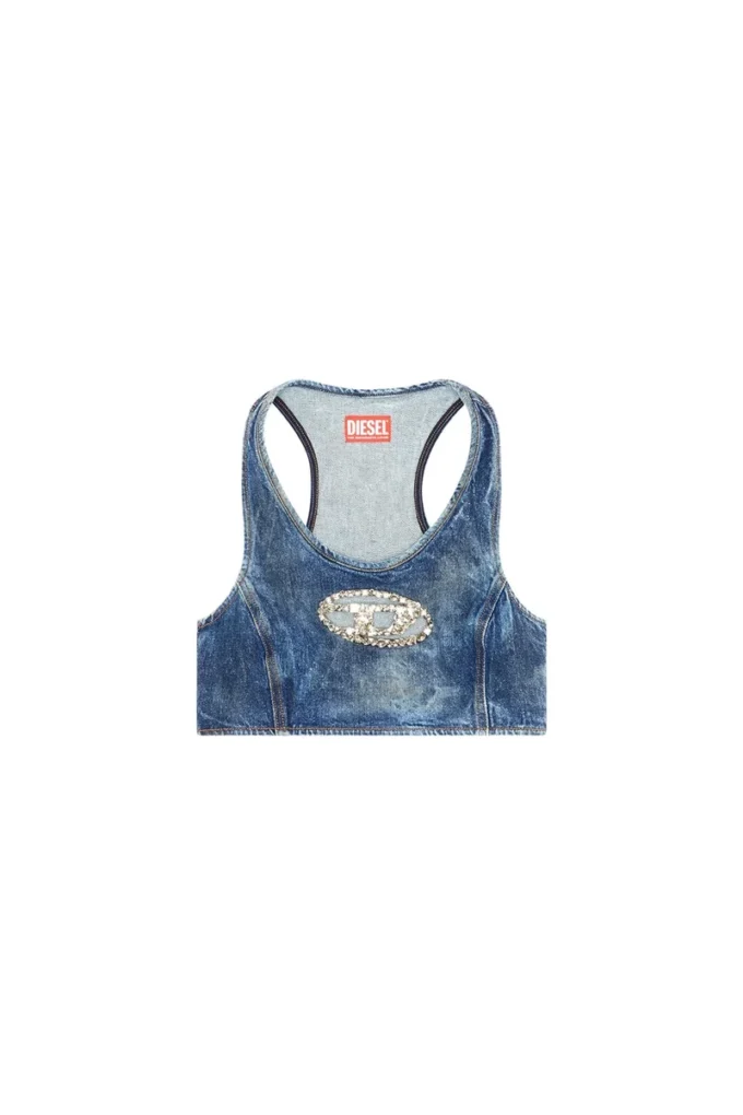 de-top-fse Haut court en denim avec plaque en cristal