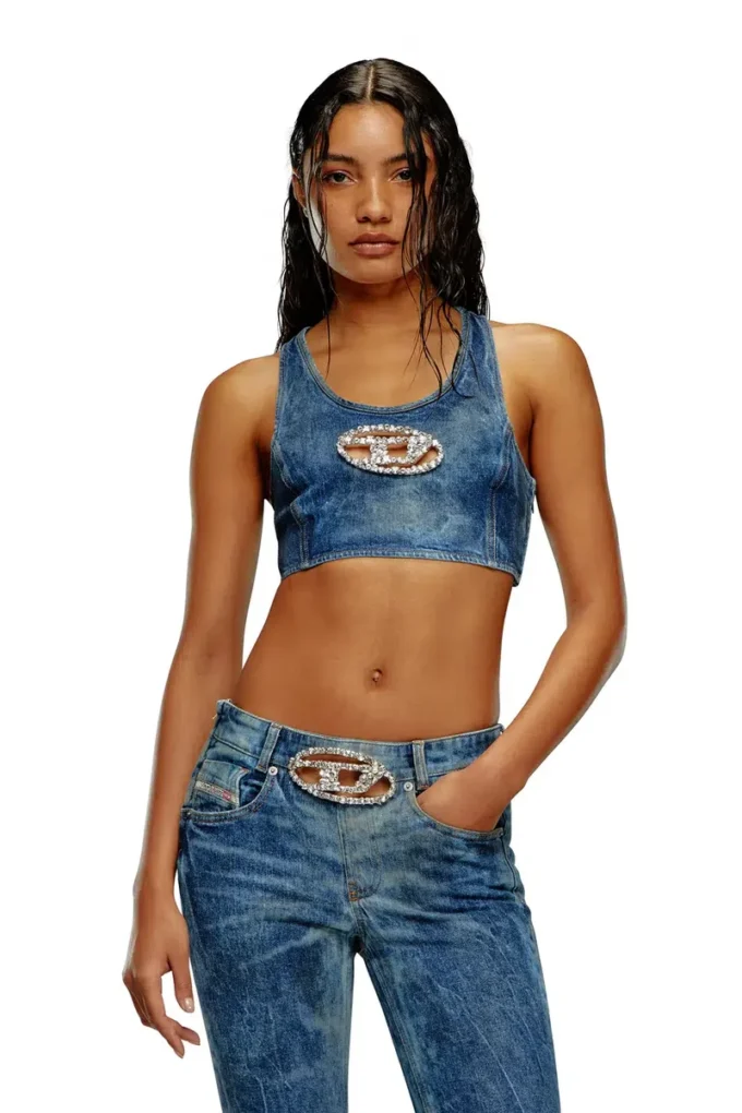 de-top-fse Haut court en denim avec plaque en cristal