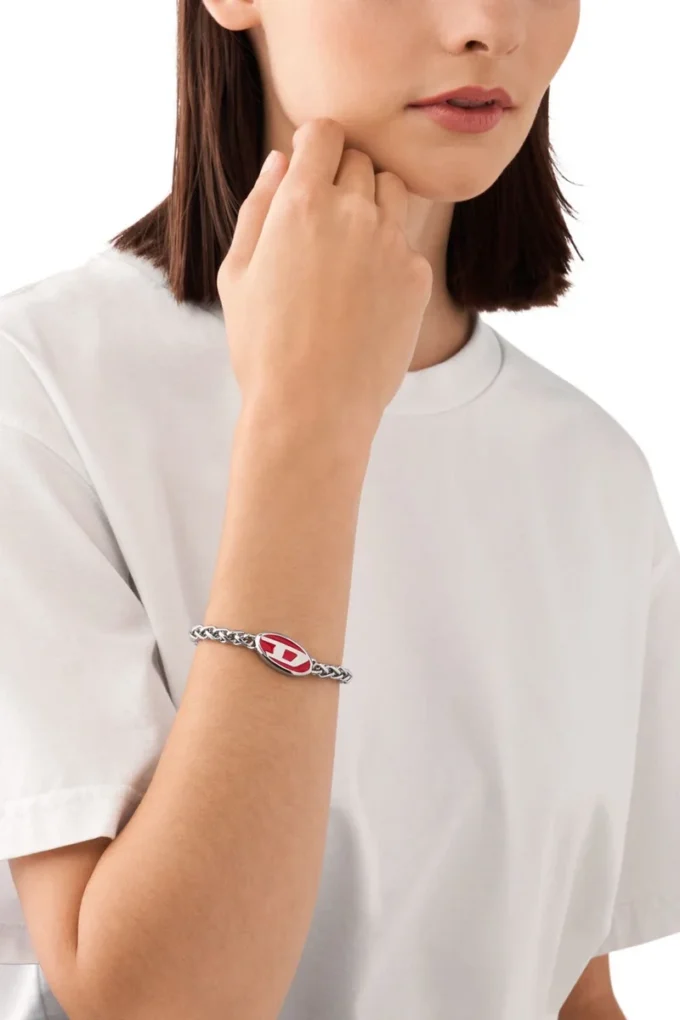 dx1445 Bracelet à chaîne en acier inoxydable et émail rouge