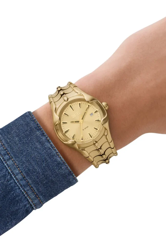 dz2186 Montre Vert à trois aiguilles et date en acier inoxydable doré