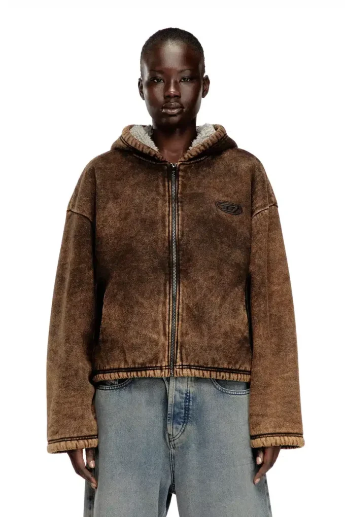 f-ella Sweat à capuche zippé délavé à l&rsquo;acide avec doublure en peluche