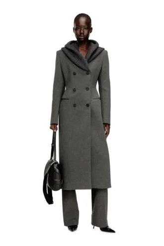 g-olden-long Manteau long coupe sablier avec capuche à col roulé en maille