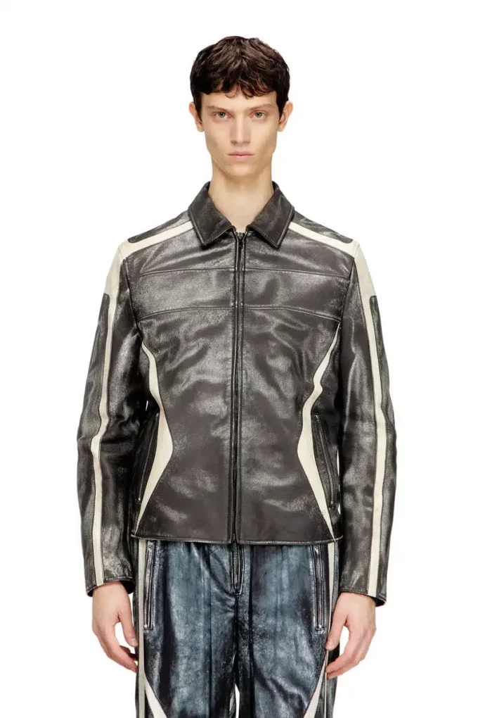 l-amar-enbi Veste coach en cuir avec imprimé motard