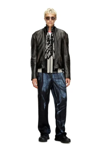 l-aross Veste de motard en cuir vieilli