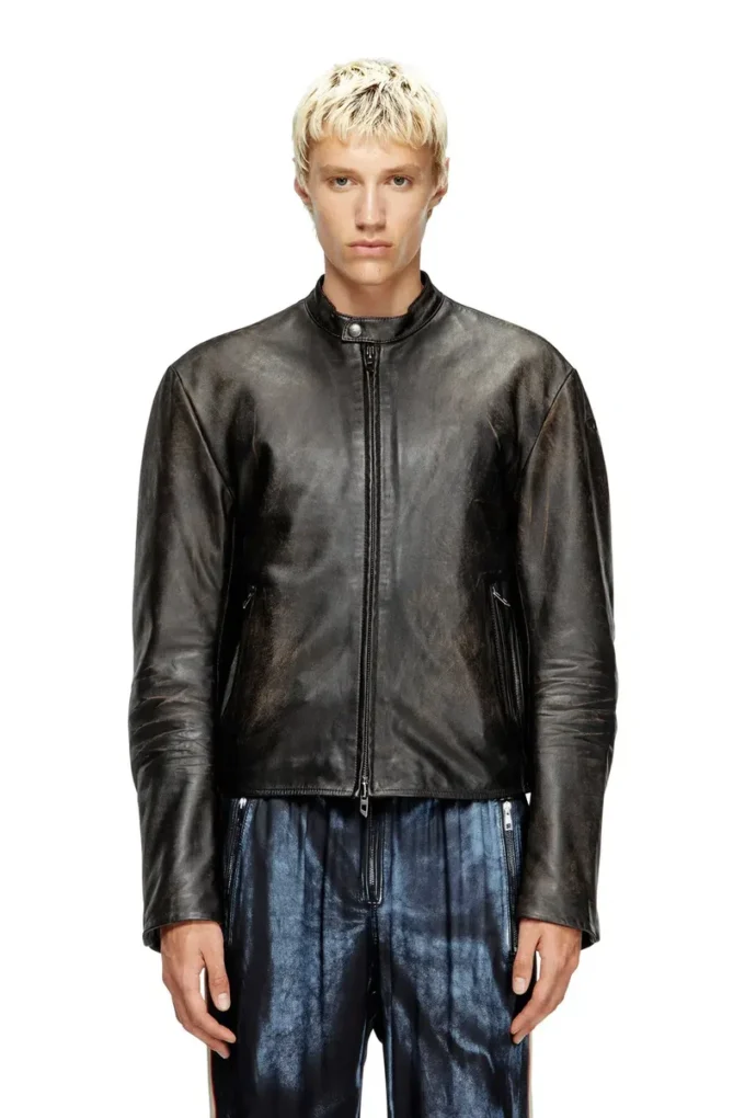 l-aross Veste de motard en cuir vieilli