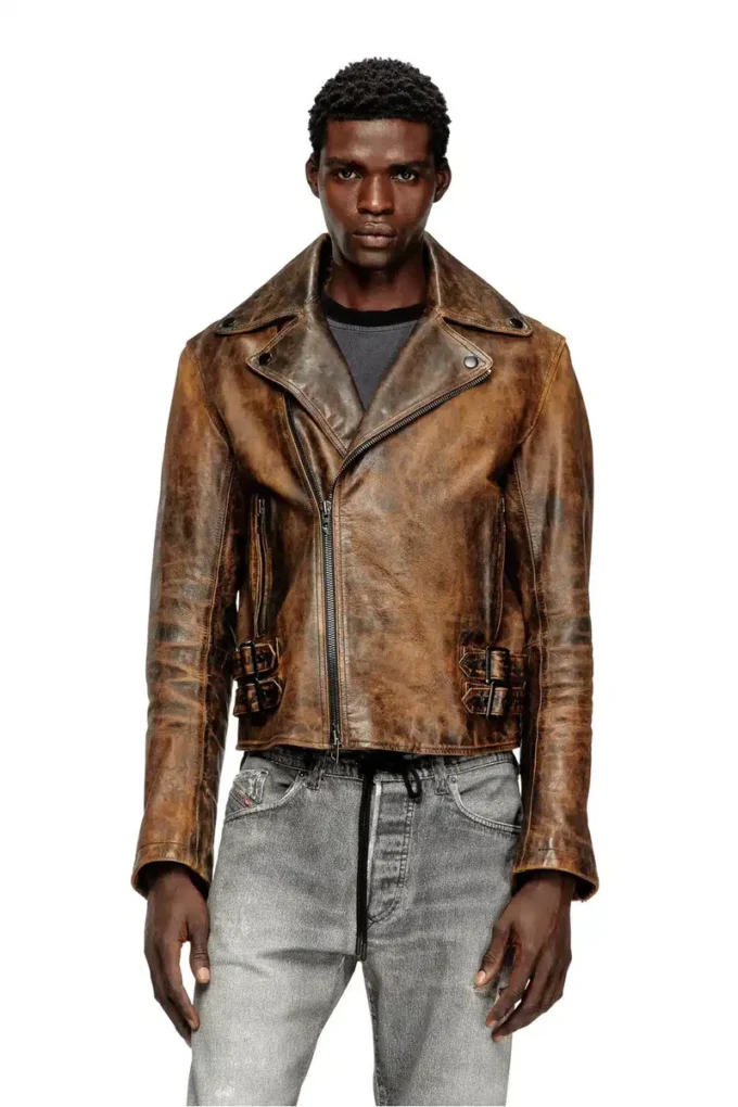 l-eon Veste motard en cuir traité