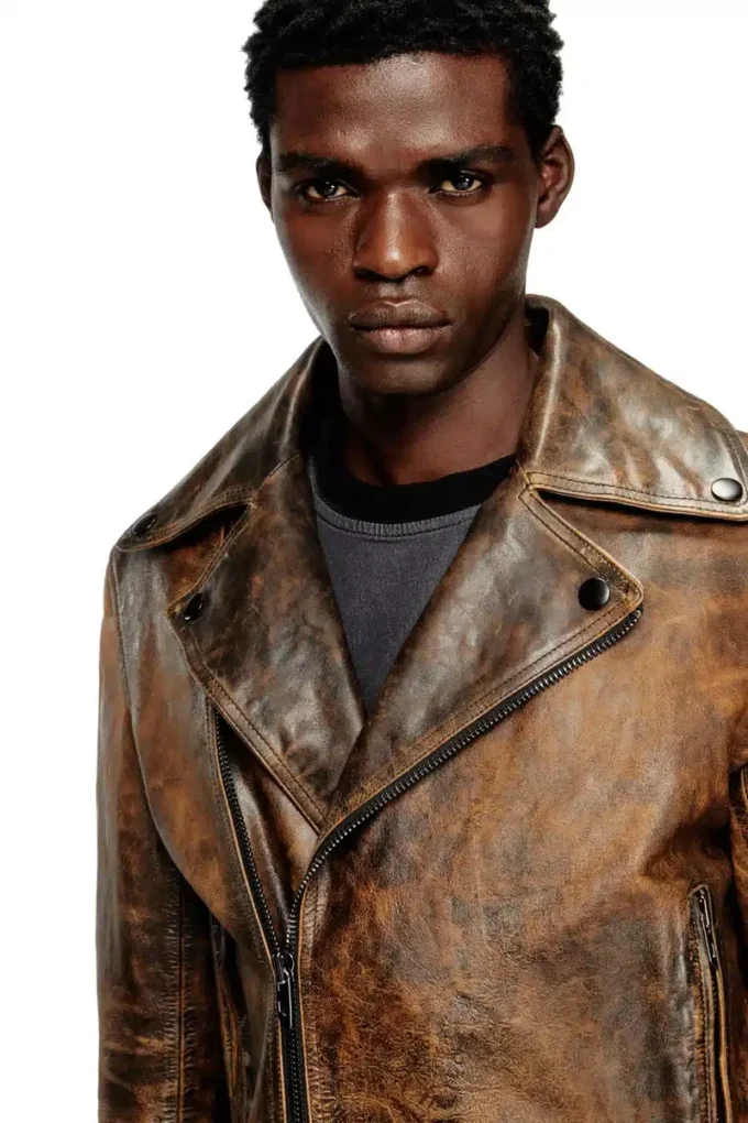 l-eon Veste motard en cuir traité