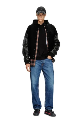 l-nyman Blouson bomber universitaire en coton et cuir