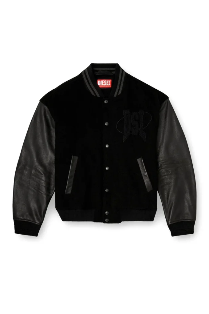 l-nyman Blouson bomber universitaire en coton et cuir