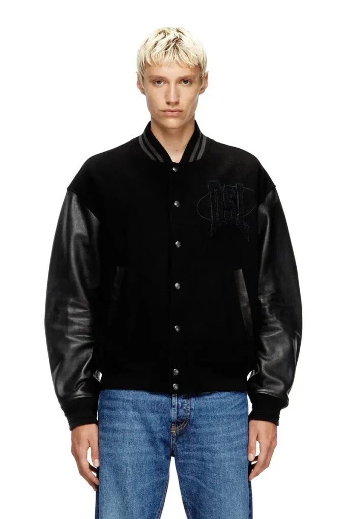 l-nyman Blouson bomber universitaire en coton et cuir