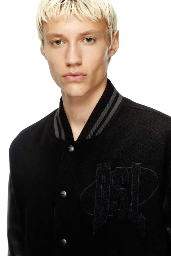 l-nyman Blouson bomber universitaire en coton et cuir