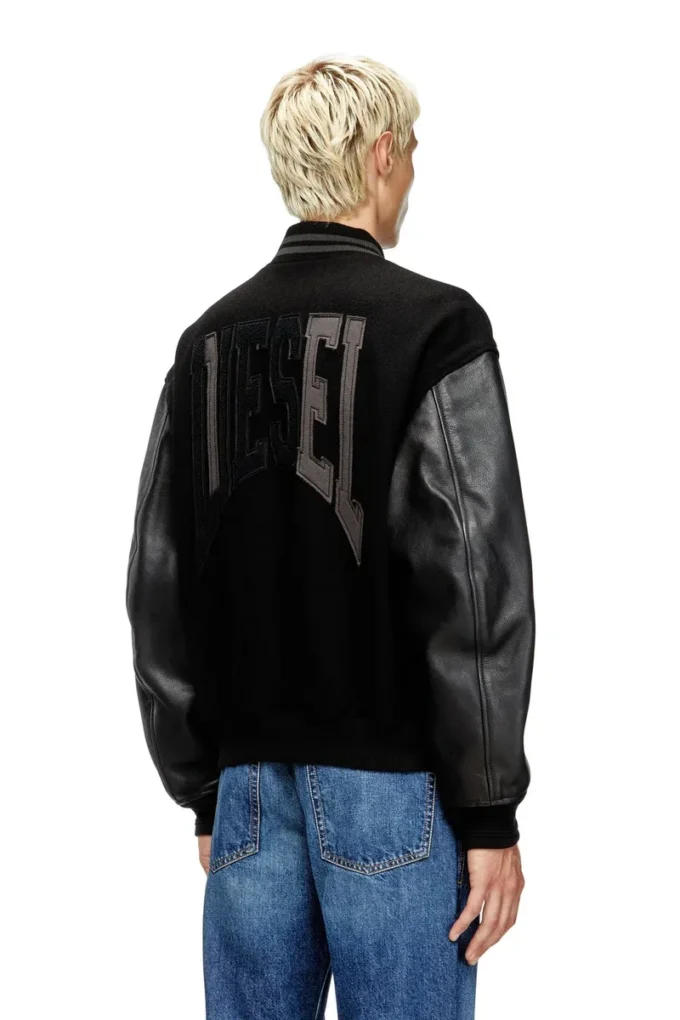 l-nyman Blouson bomber universitaire en coton et cuir