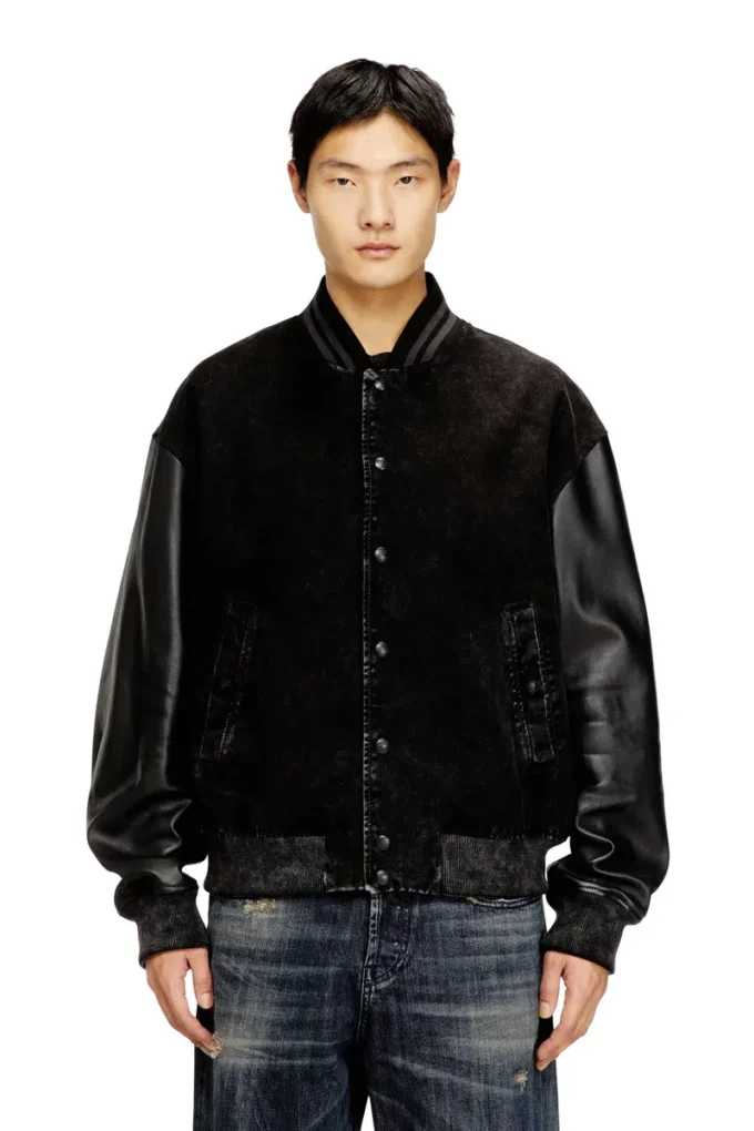 l-nyn Blouson aviateur en denim et cuir