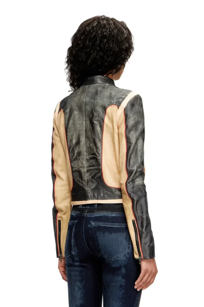 l-oonie Veste motard en cuir effet trompe-l&rsquo;œil
