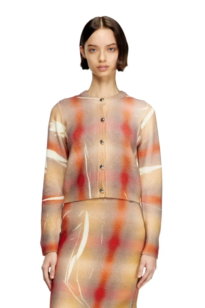m-chloty Cardigan en laine à imprimé à carreaux déformés