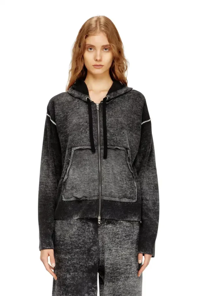 m-hermine Cardigan à capuche en laine avec imprimé inversé