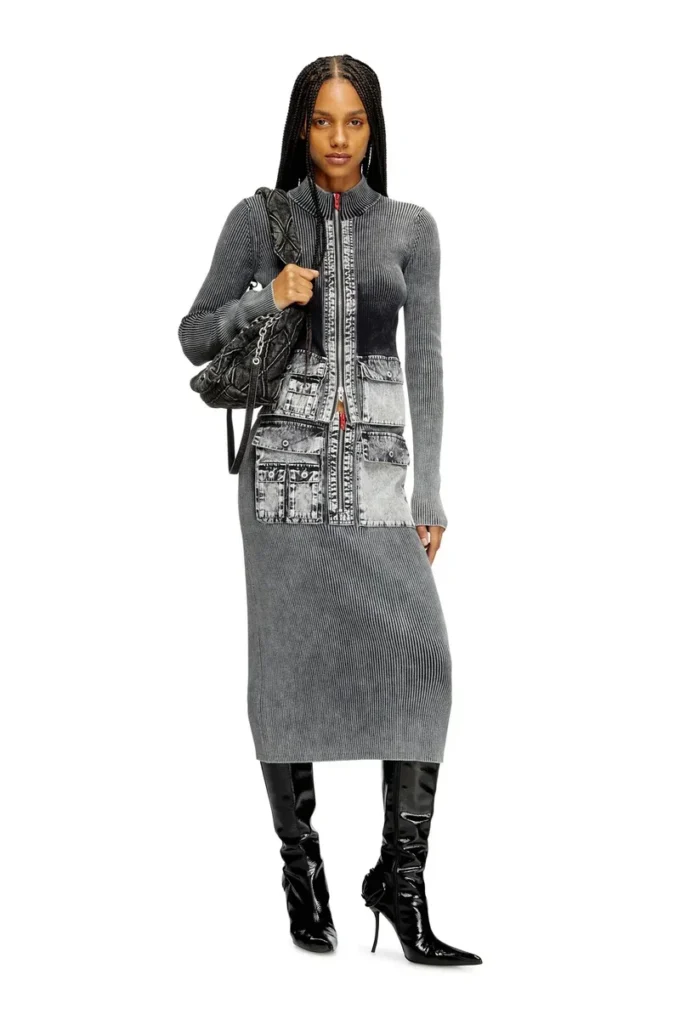 m-meryn Jupe midi en maille avec poches cargo en denim