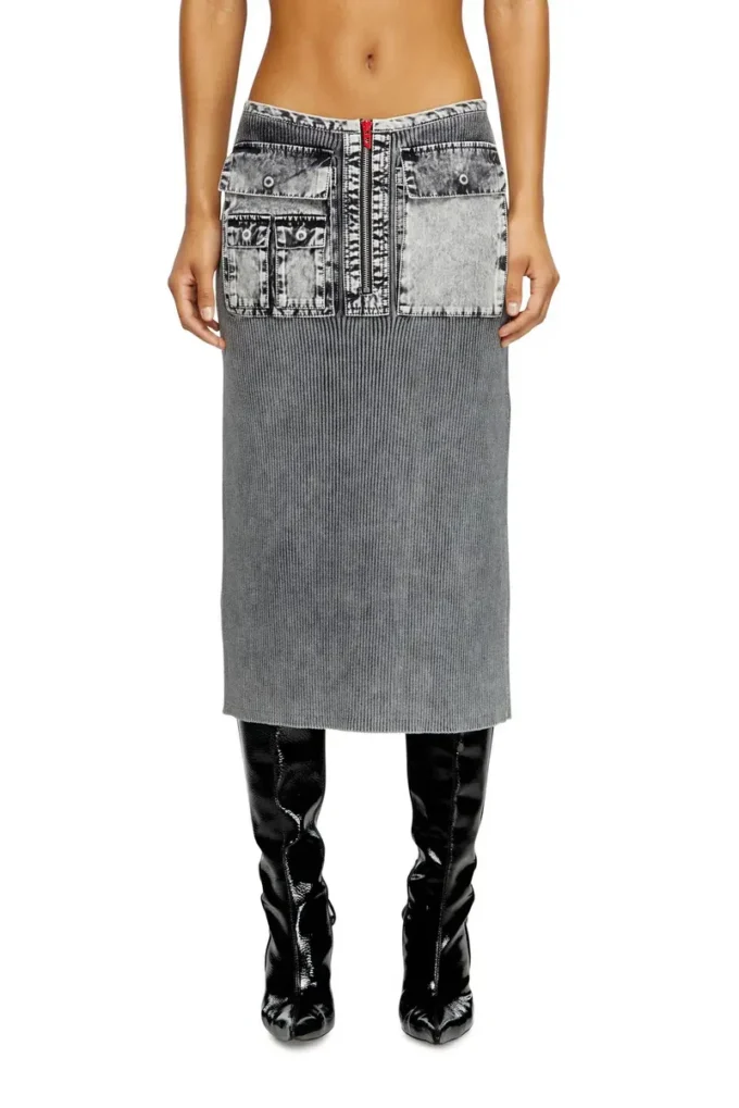 m-meryn Jupe midi en maille avec poches cargo en denim