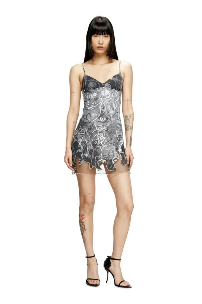 Mini-robe en nylon avec incrustation et imprimé héraldique