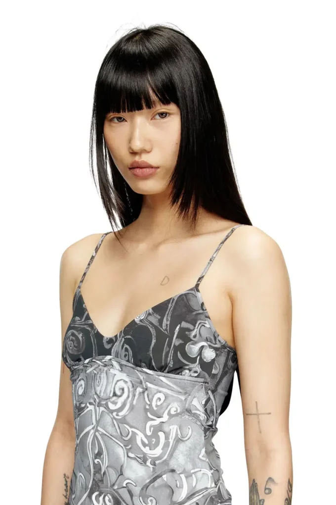 Mini-robe en nylon avec incrustation et imprimé héraldique