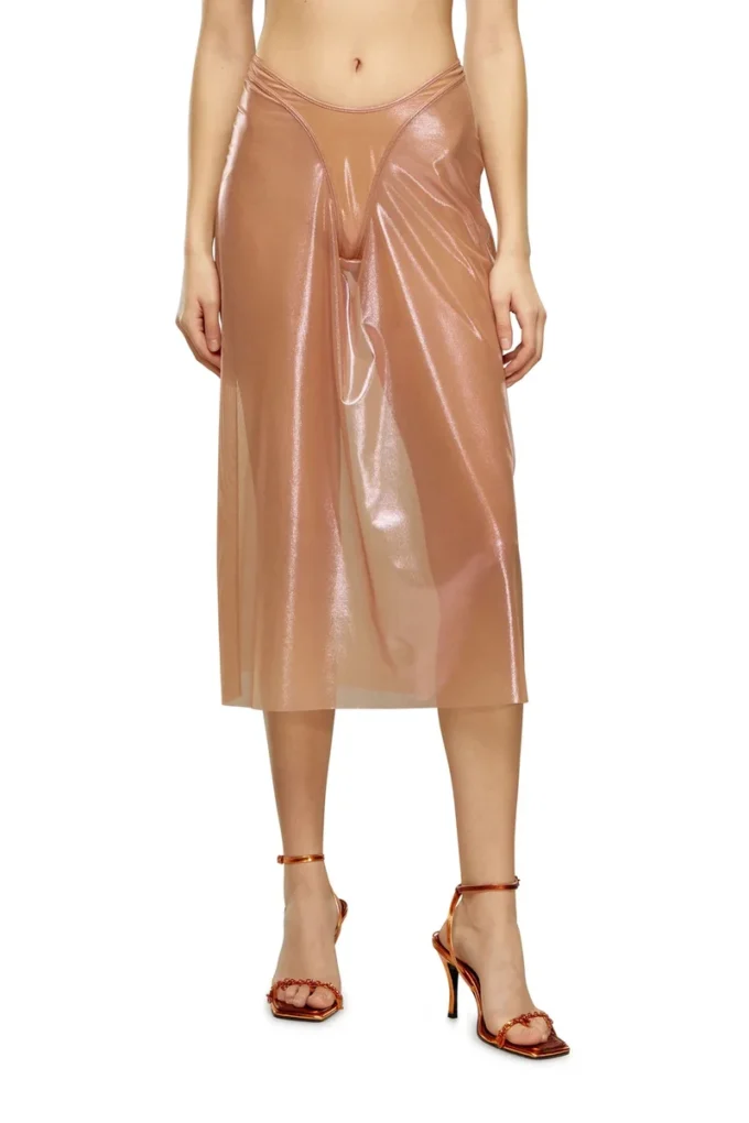 o-moni Jupe midi transparente en tulle enduit brillant