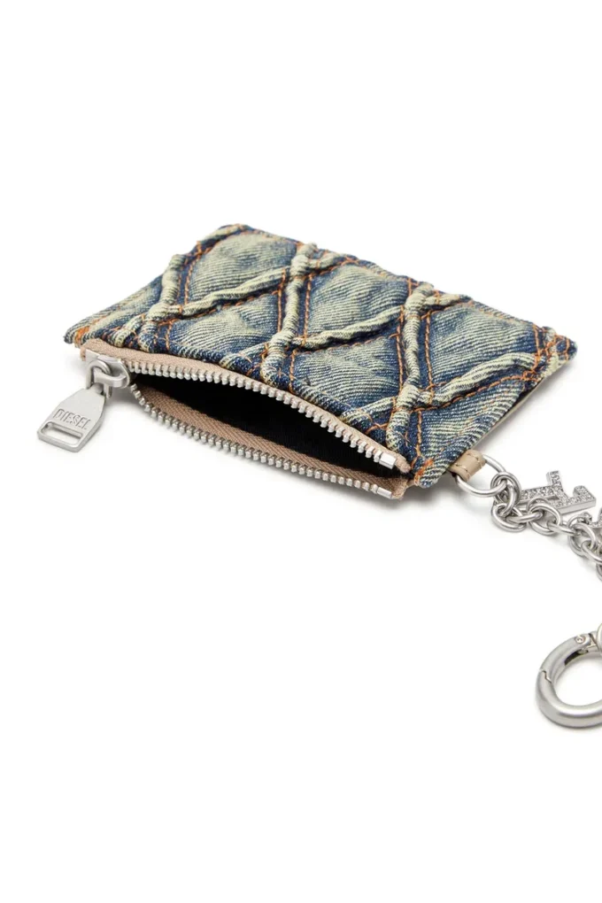 Porte-cartes avec chaîne Porte-cartes en denim matelassé à motif argyle