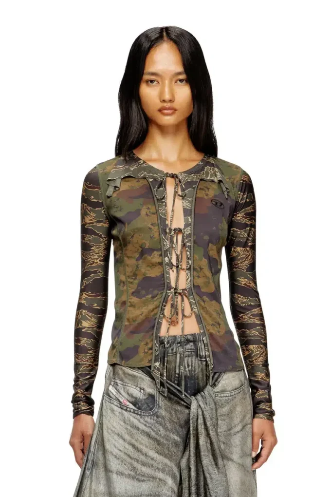 t-afry Cardigan à nouer avec imprimés camouflage mélangés
