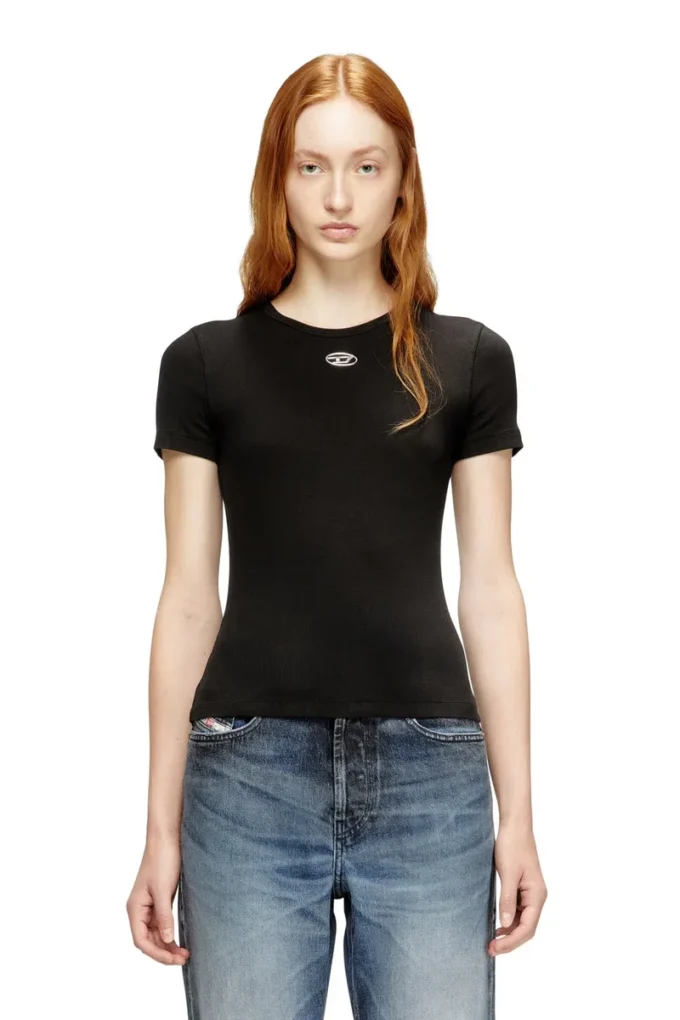t-ele-long-od T-shirt slim côtelé avec Oval D métallique